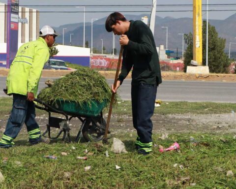 Trabajadores limpiando áreas verdes.