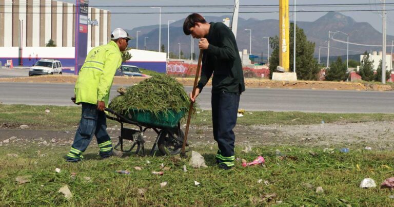 Trabajadores limpiando áreas verdes.